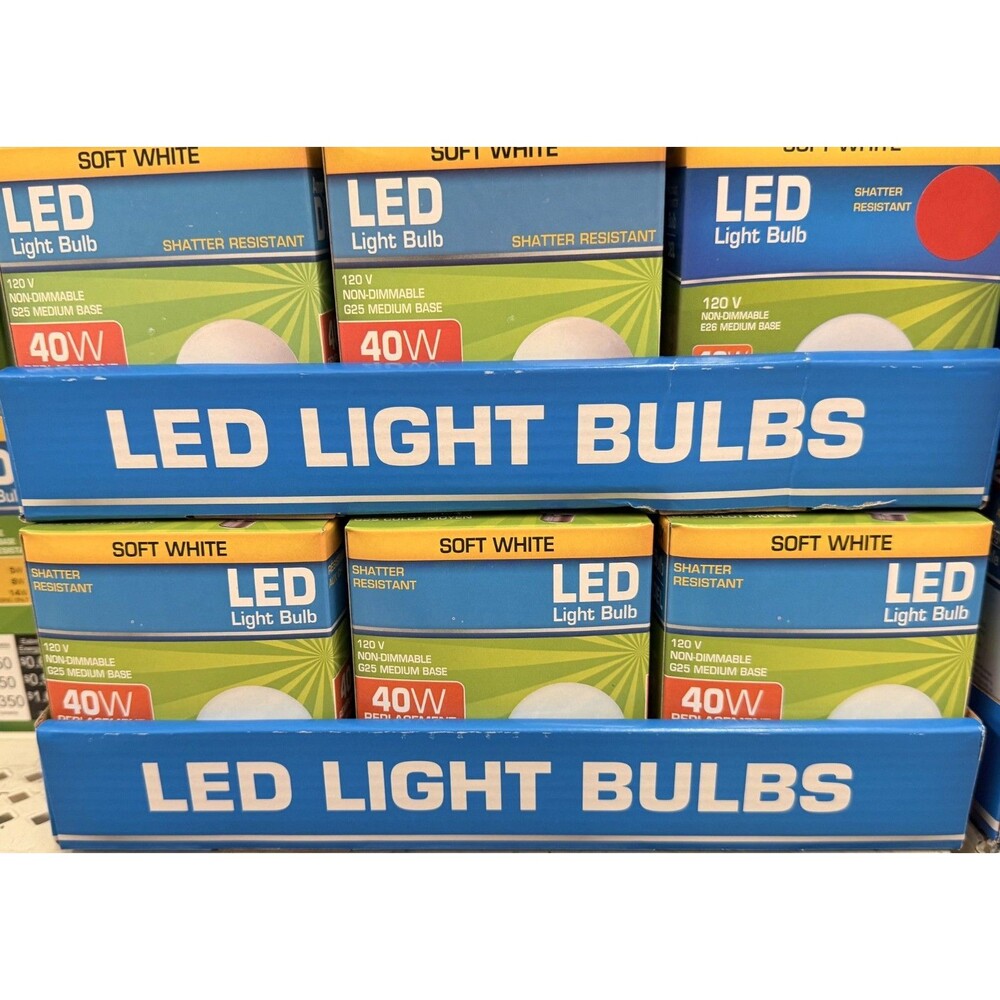 SOFT WHITE LED LIGHT BULB 120V, 40W, G25 MEDIUM BASE, 350 LUMENS (LOT OF 25)